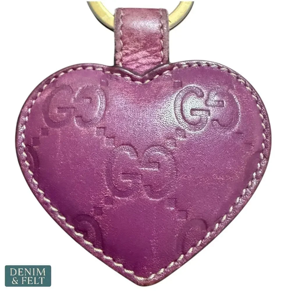Gucci Monogram Leather Heart Key Ring in Magenta Pink‎ with Gold Hardware